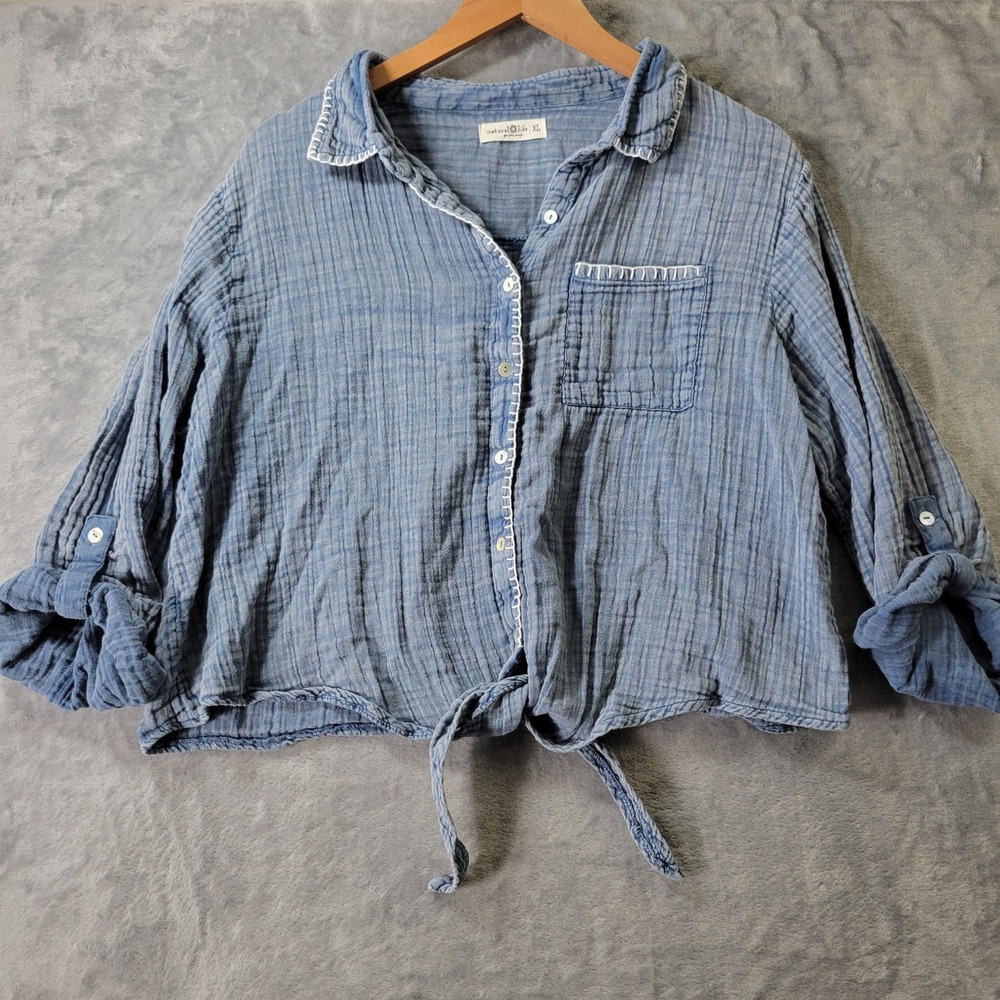 Natural Life Lola Tie Front Denim Blue Gauze Button Down Shirt XL Coastal